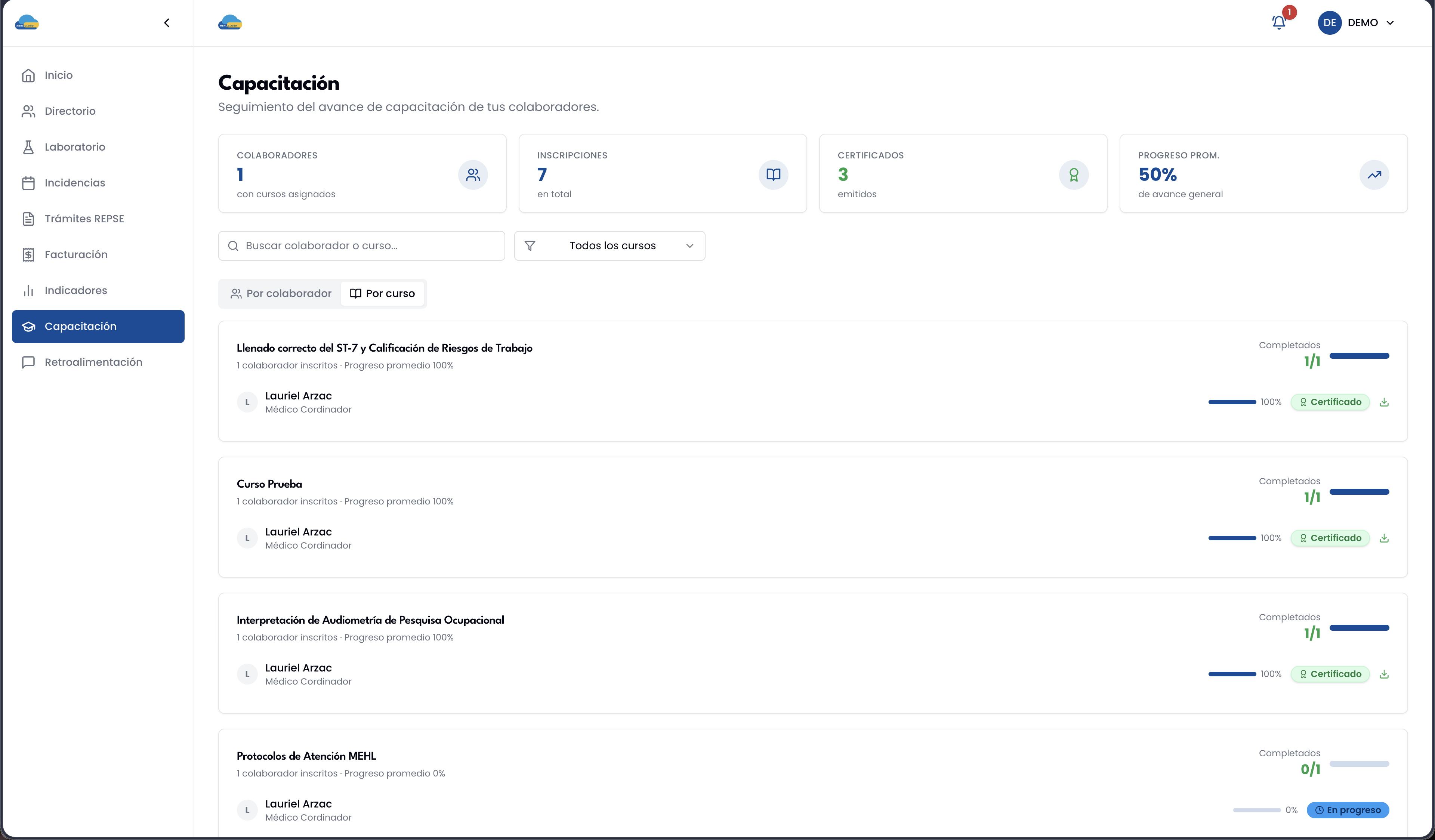 Seguimiento de capacitación y difusión por colaborador en MEHL Portal