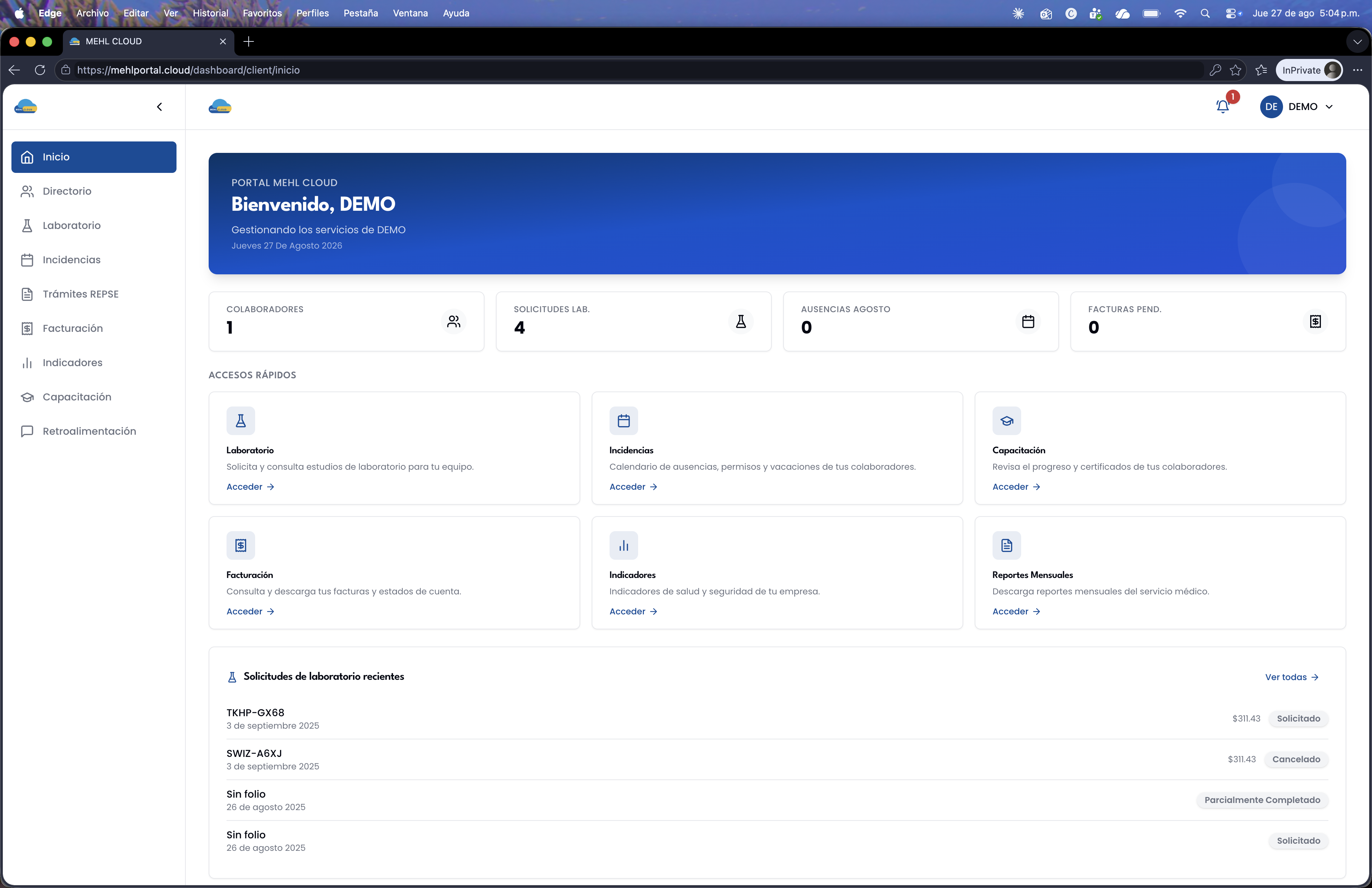 Panel de inicio de MEHL Portal con accesos rápidos y resumen de indicadores