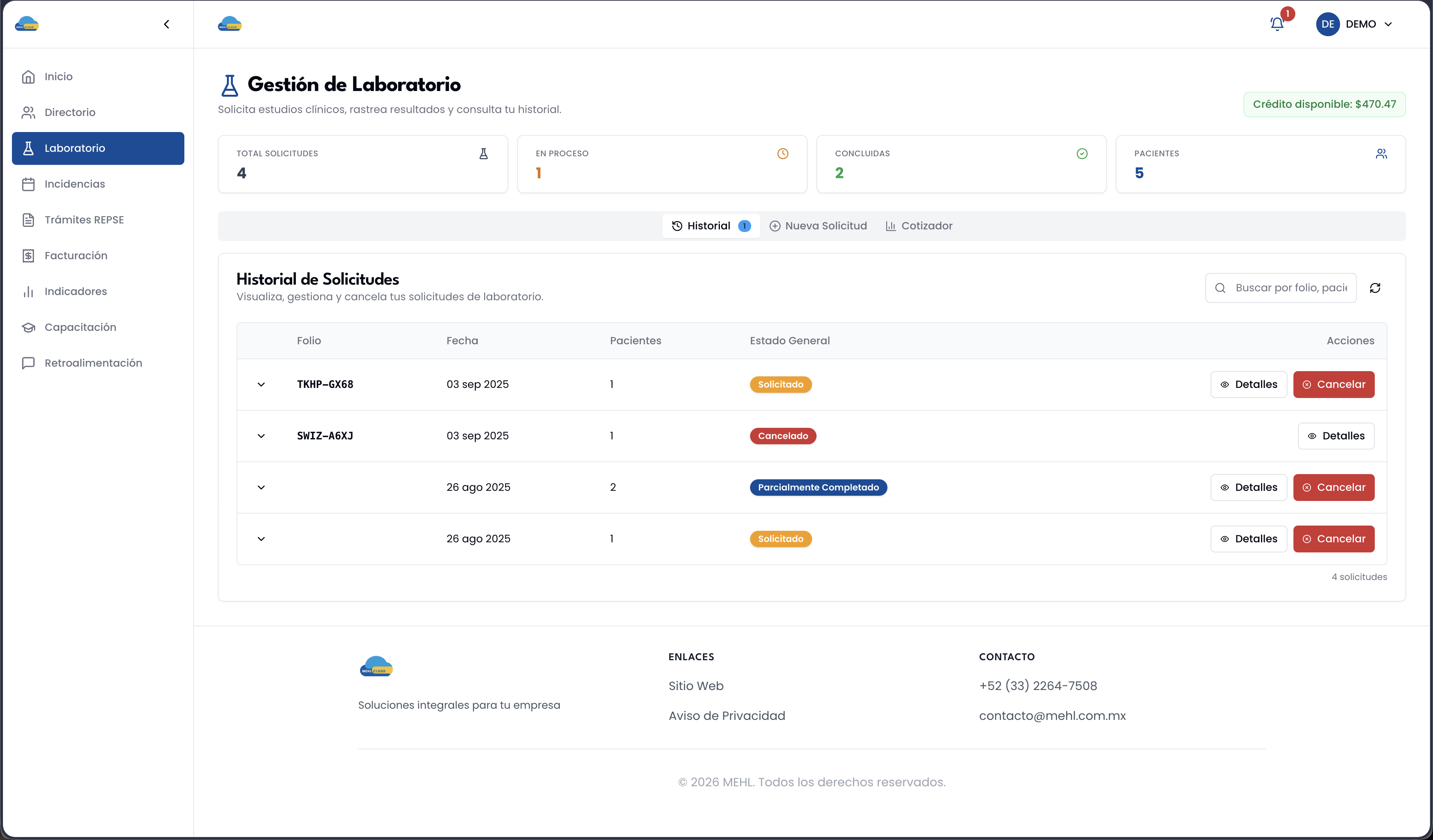 Gestión de Laboratorio en MEHL Portal: solicitudes, historial y estado de cada estudio